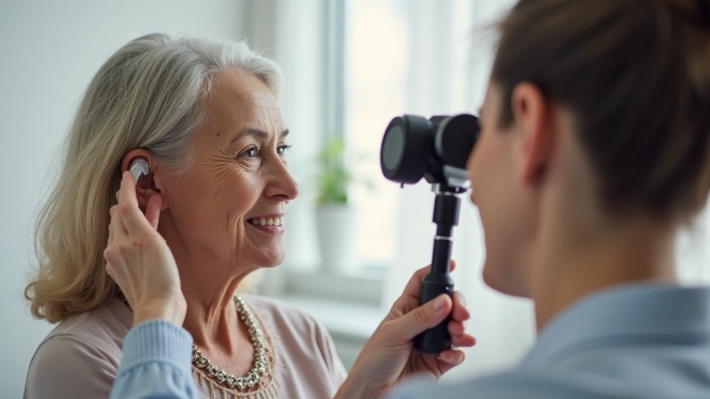 Senior woman receiving hearing aid fitting and adjustment from experienced audiologist using magnification tools in professio