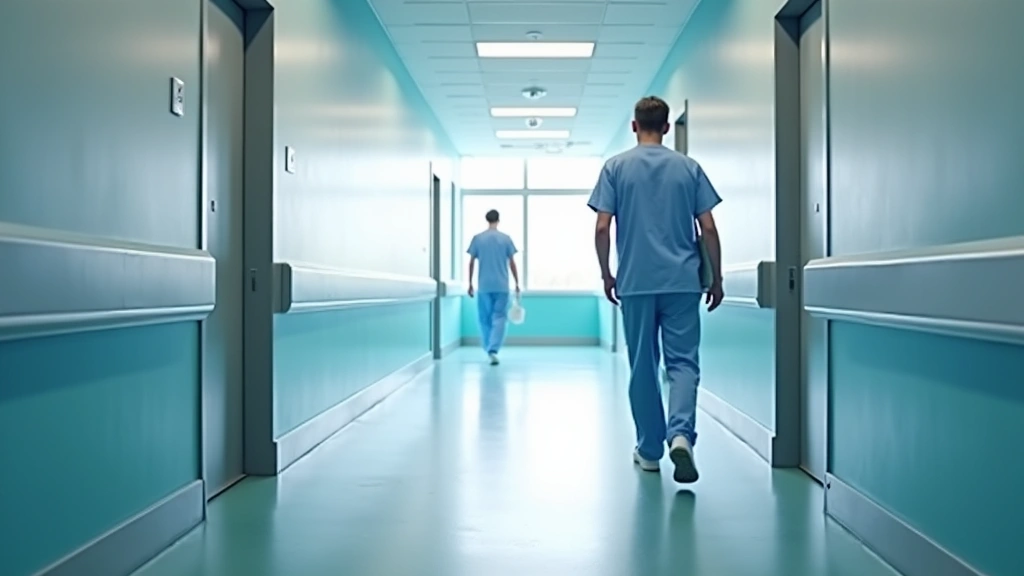 Modern hospital corridor with medical staff walking, bright clinical lighting, professional healthcare environment, no text v