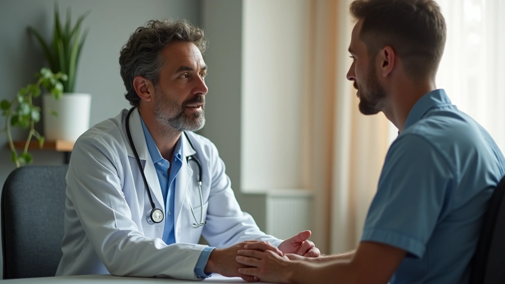 Doctor consulting with patient in examination room, warm professional setting, stethoscope visible, focused conversation, no