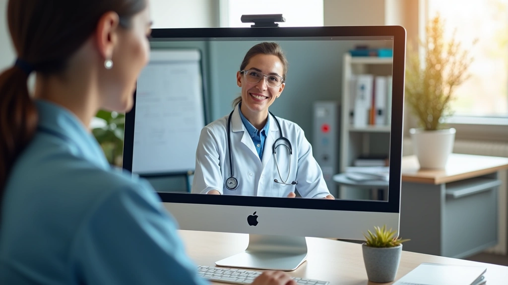 Telehealth consultation on computer screen with healthcare provider in background, home office setting, professional medical