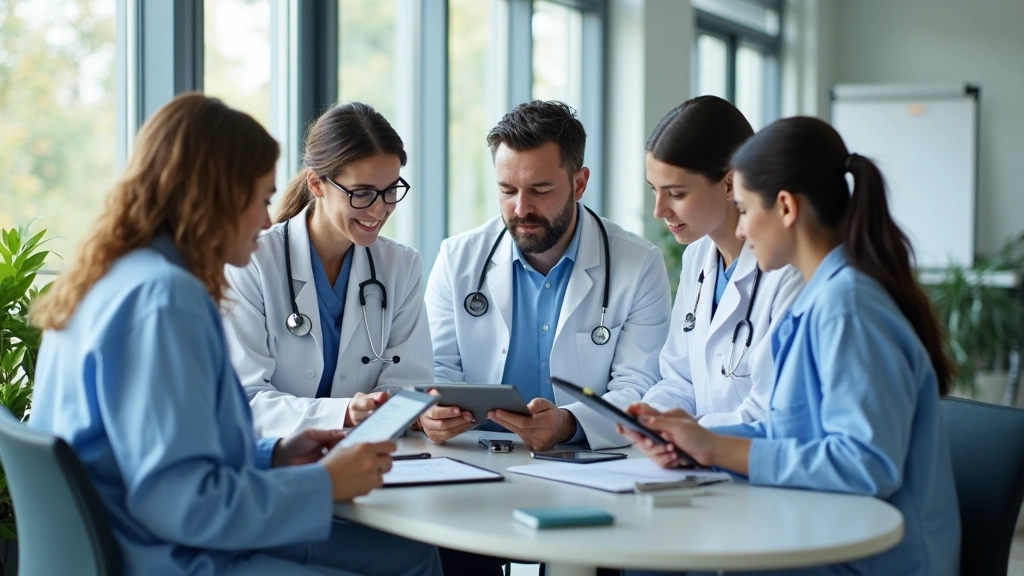 Healthcare professionals in a modern clinic reviewing patient charts on digital tablets, collaborative care coordination meeting in a medical office