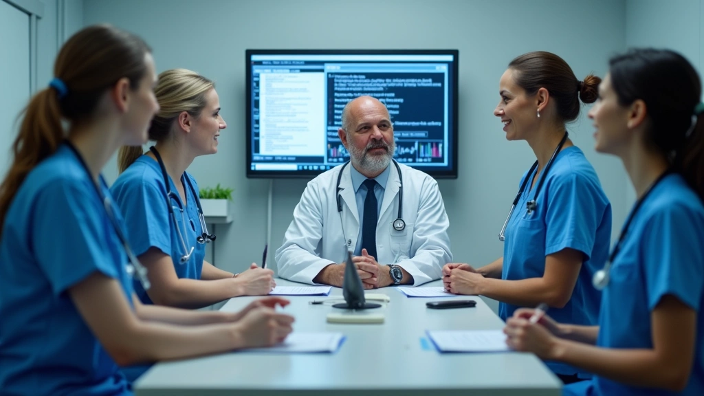 Diverse team of doctors and nurses in a hospital setting discussing patient care plans with integrated electronic health reco