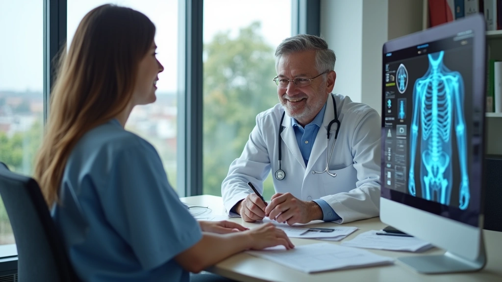 Patient consultation room with doctor and patient reviewing health records on computer, telehealth technology visible in mode