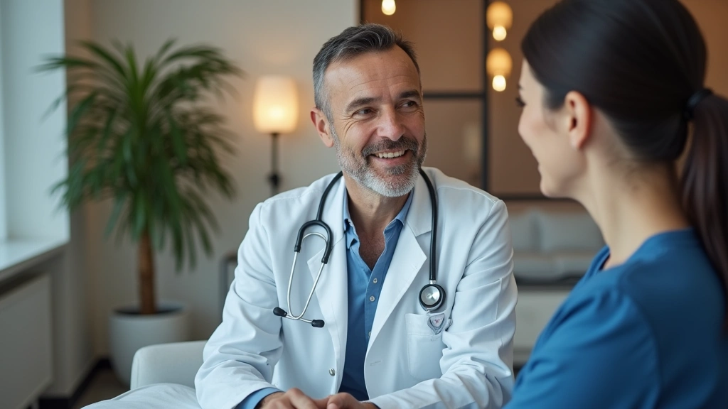 Professional healthcare provider in white coat with stethoscope consulting with patient in modern medical clinic examination room, warm lighting, focused conversation