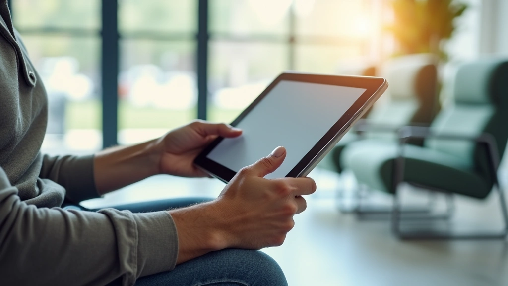 Patient using tablet computer in comfortable clinic waiting area with modern furniture and natural light streaming through wi