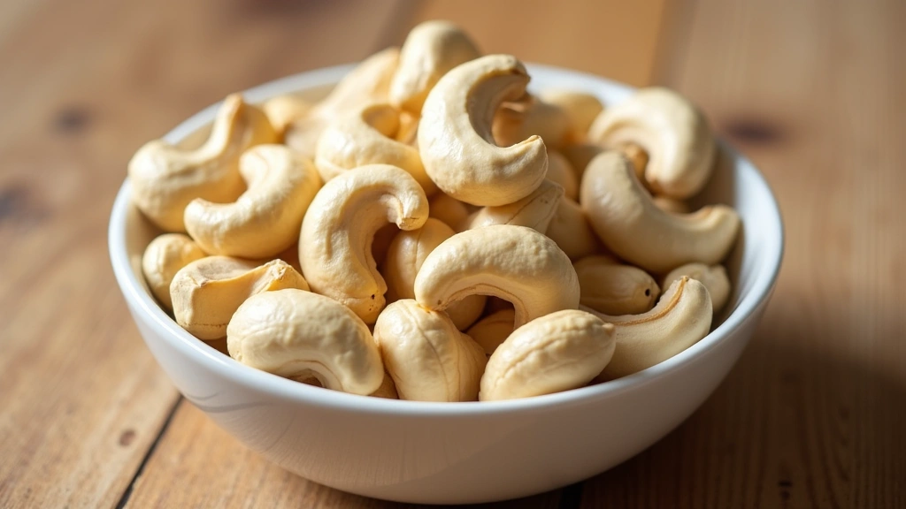 Close-up of fresh raw cashew nuts in a white ceramic bowl on a wooden table with natural sunlight, professional food photogra