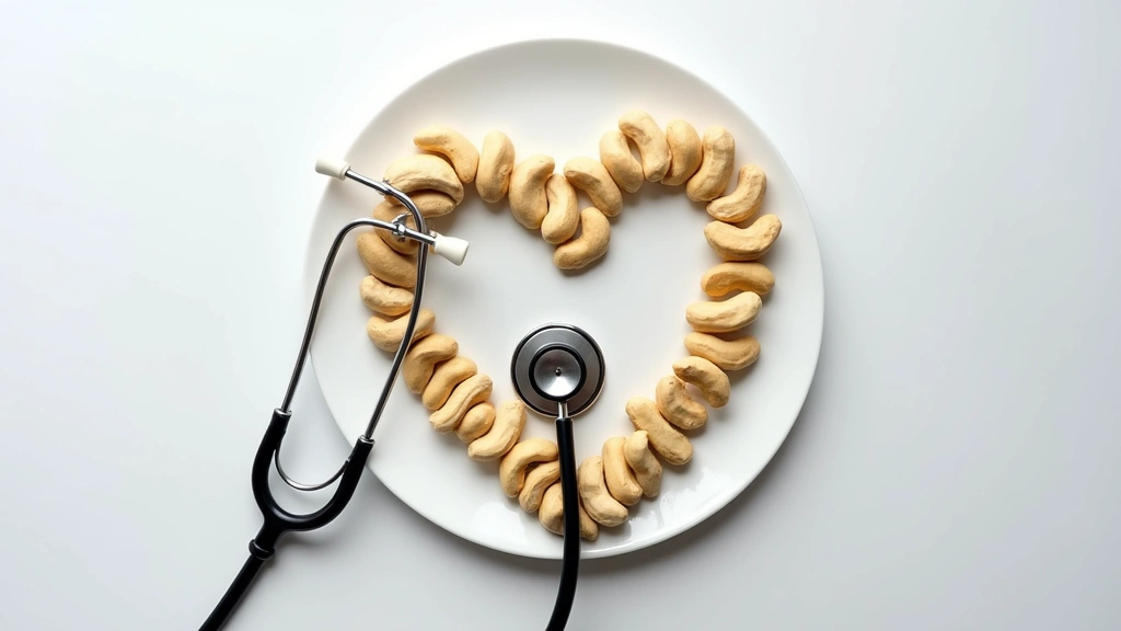 Healthy heart-shaped arrangement of cashews on a white plate with stethoscope, medical wellness concept, bright clinical ligh