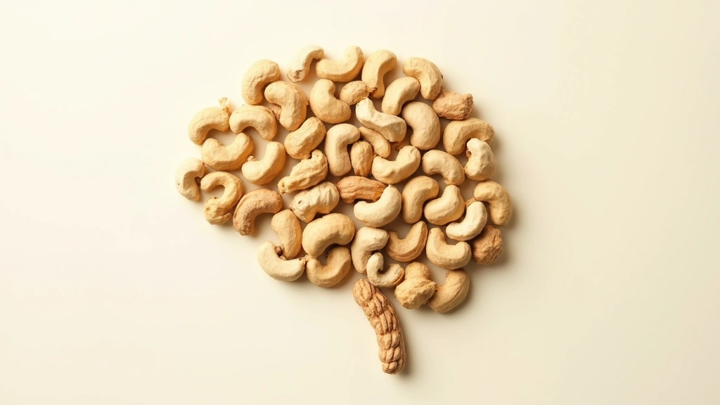 Brain-shaped composition of cashew nuts on a light background representing cognitive health and nutrition, minimalist medical
