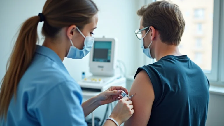 Healthcare professional administering vaccine to adult patient in modern clinic setting with medical equipment visible