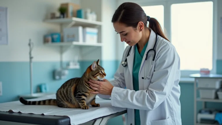 Professional veterinary clinic scene with veterinarian examining a tabby cat on examination table, stethoscope visible, medical equipment in background, natural lighting, professional setting
