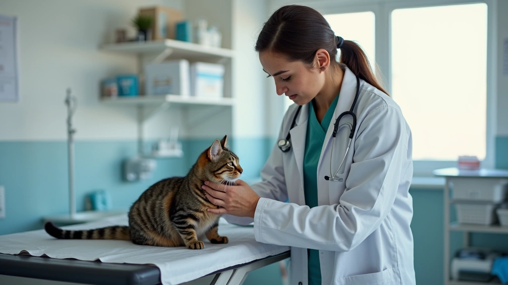 Professional veterinary clinic scene with veterinarian examining a tabby cat on examination table, stethoscope visible, medic