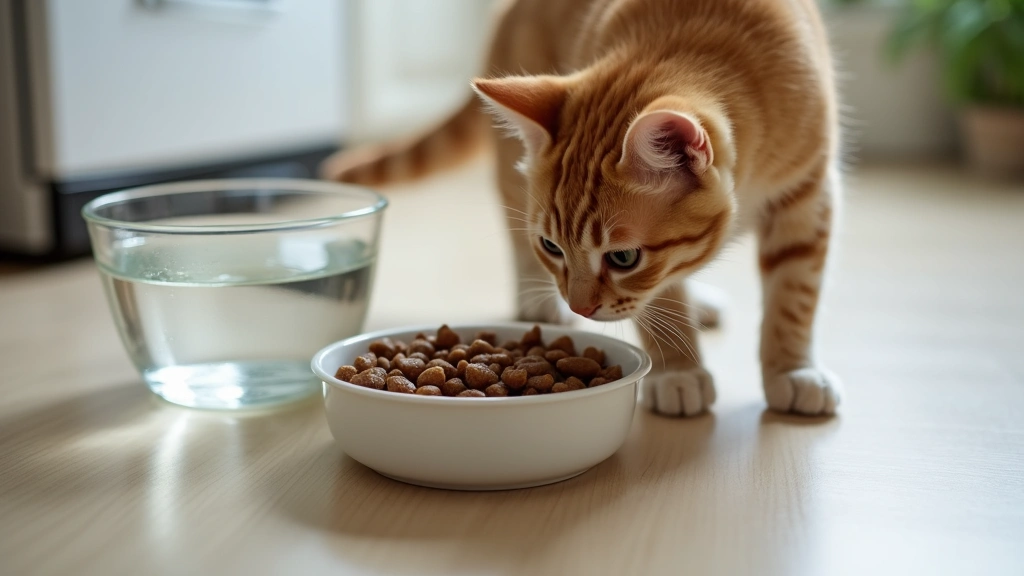 Close-up of wet cat food in bowl next to fresh water bowl on kitchen floor, natural daylight, clean modern kitchen environmen