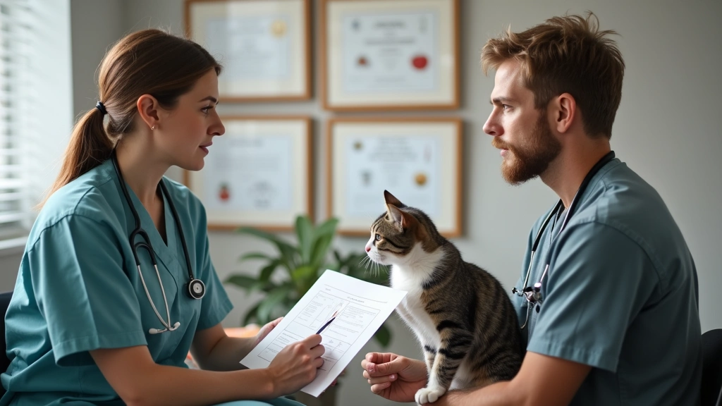 Veterinary nutritionist consulting with cat owner in clinic, reviewing diet chart, professional office setting with medical d