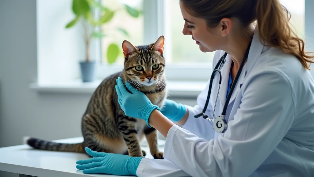 Professional veterinarian examining tabby cat during urinary health consultation in modern veterinary clinic