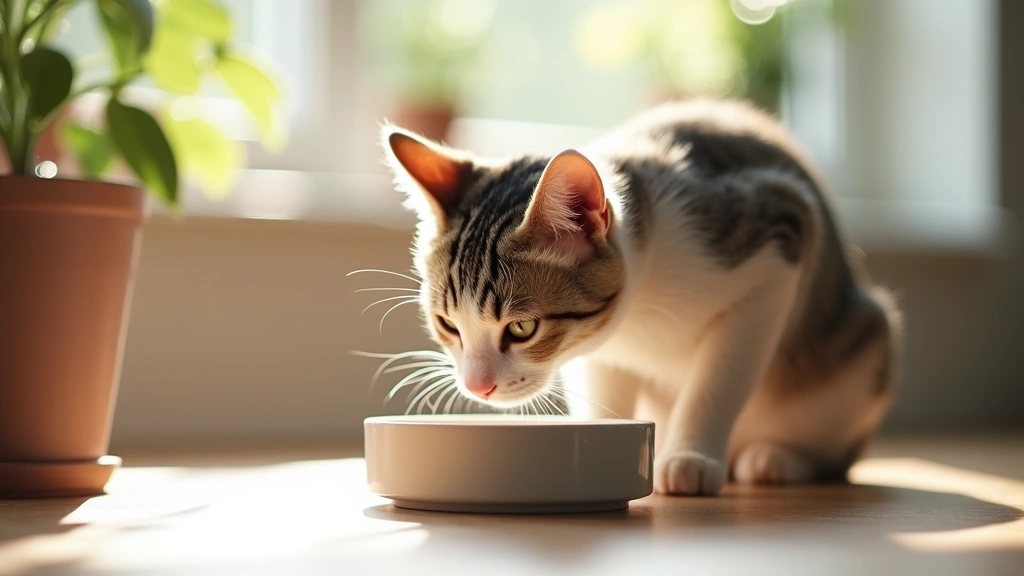 Cat drinking water from ceramic bowl in bright home kitchen setting with natural sunlight