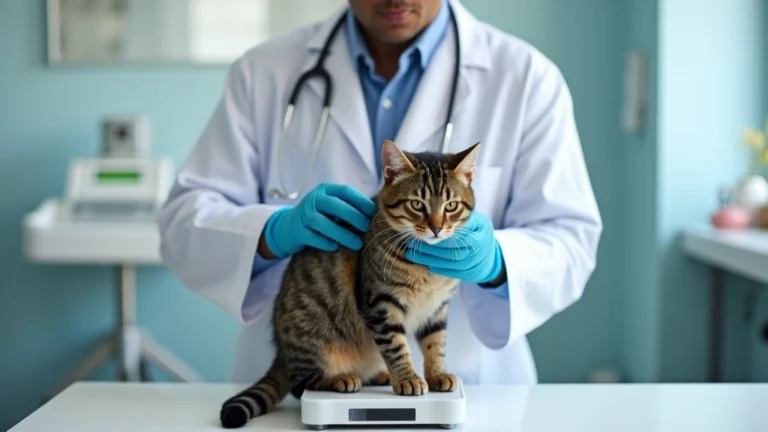 Professional veterinarian measuring a tabby cat's weight on a digital scale in a modern clinic examination room with medical equipment visible