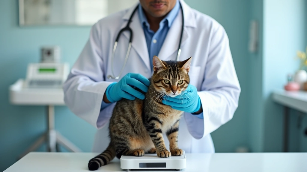 Professional veterinarian measuring a tabby cat's weight on a digital scale in a modern clinic examination room with medical equipment visible