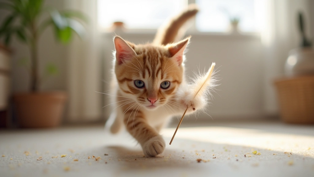 Indoor cat playing with interactive feather toy in bright living room, mid-pounce with focused expression, demonstrating acti
