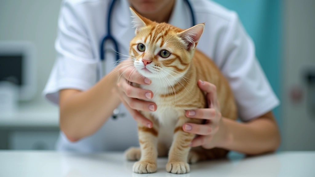 Veterinarian performing body condition assessment on a healthy-weight cat during wellness exam, hands gently checking ribs in