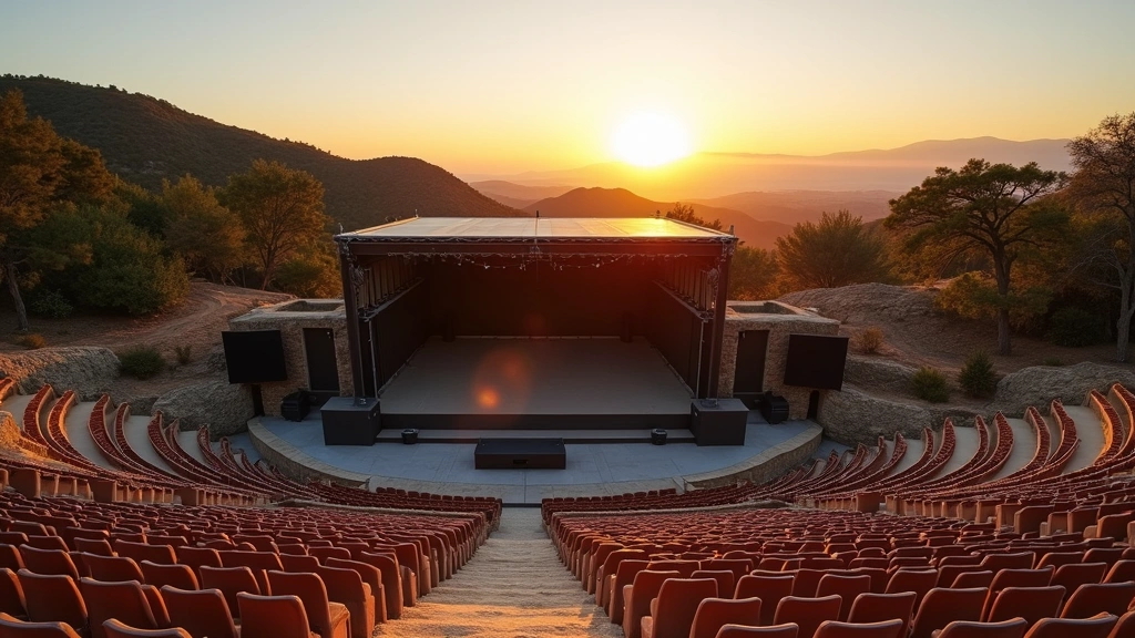 Outdoor amphitheater venue at sunset with covered seating sections and clear stage setup, natural hillside setting, no text visible