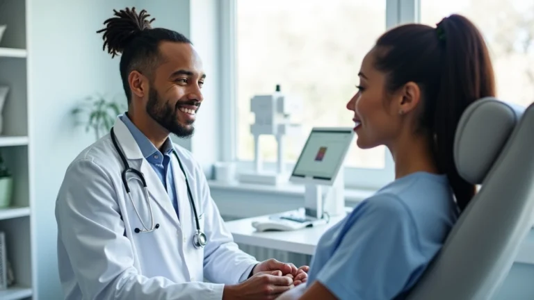 Professional healthcare provider in white coat consulting with diverse patient in modern clinic exam room with natural lighting and medical equipment