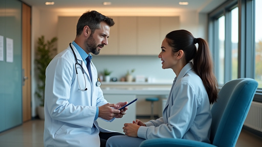 Professional healthcare provider in white coat consulting with patient in modern medical clinic examination room, warm lighti