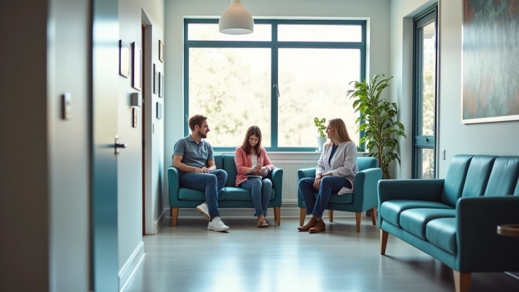 Diverse family of three in bright, clean medical office waiting area with comfortable seating, modern healthcare facility int
