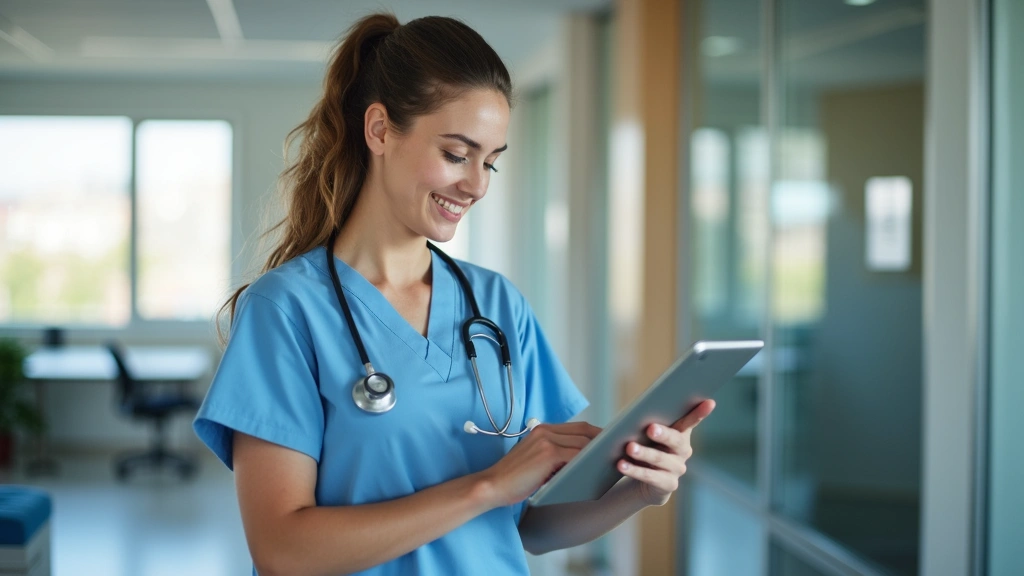 Female healthcare professional in scrubs reviewing patient medical records on digital tablet in contemporary community health