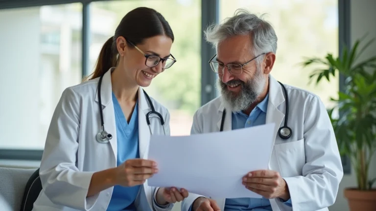Professional female doctor reviewing health charts with male patient in modern medical office, both smiling, wellness-focused setting, natural lighting, contemporary healthcare environment