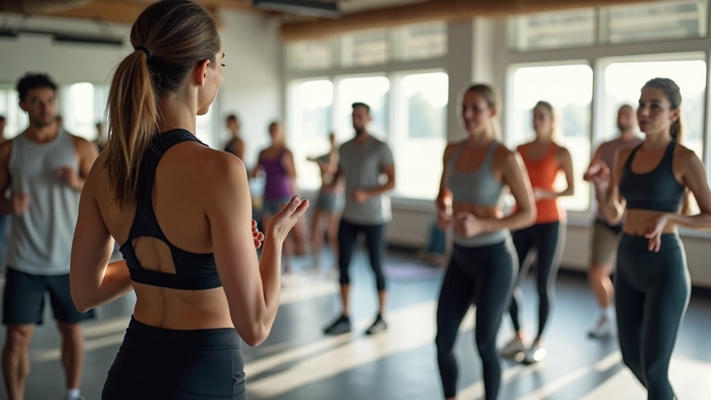 Diverse group of people participating in fitness class led by instructor in bright wellness center, exercise equipment visibl