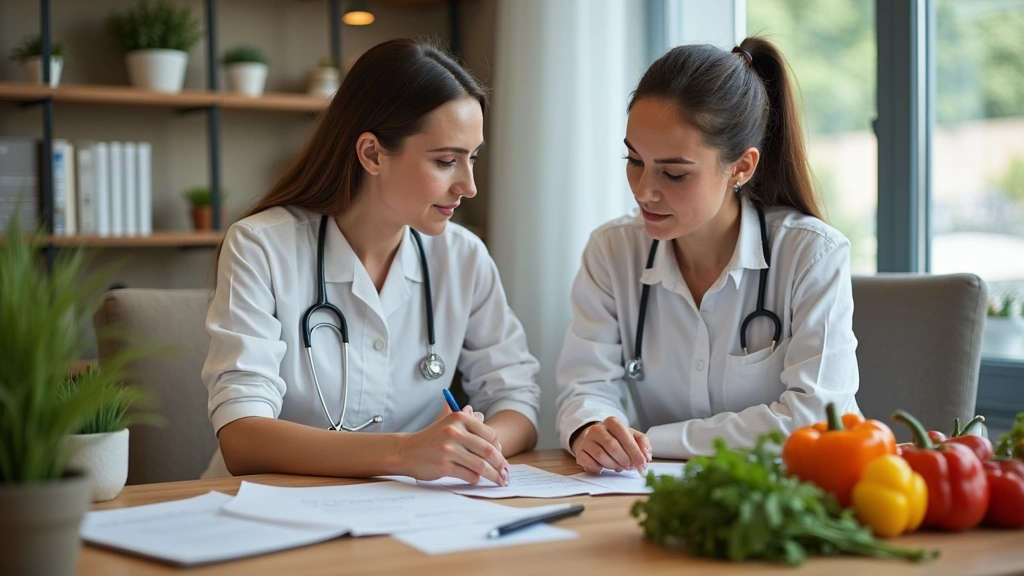 Female nutritionist consulting with patient about meal plan at desk with fresh vegetables and health documents, modern clinic