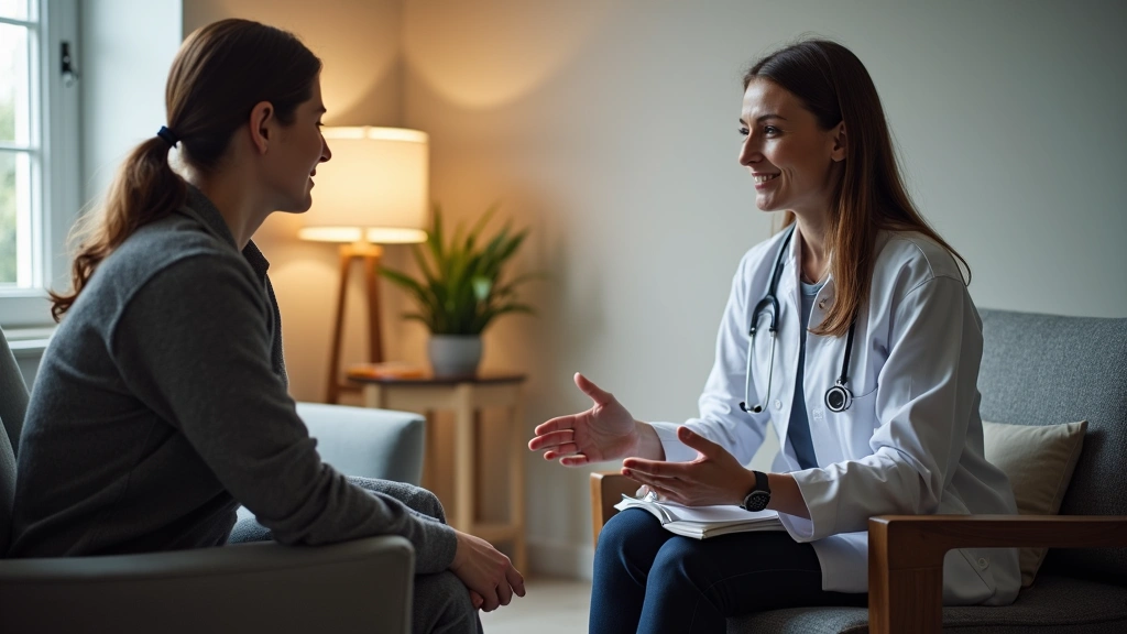 Professional psychiatrist conducting patient assessment in modern clinical office with warm lighting and comfortable seating, patient and doctor in consultation