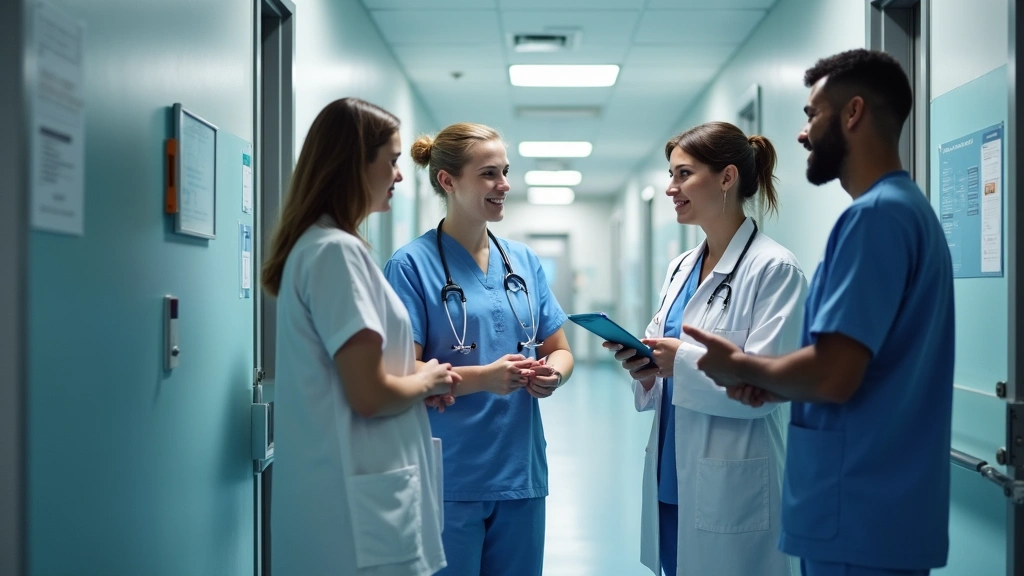 Diverse group of mental health professionals in hospital hallway collaborating on patient care, clinical setting with modern 