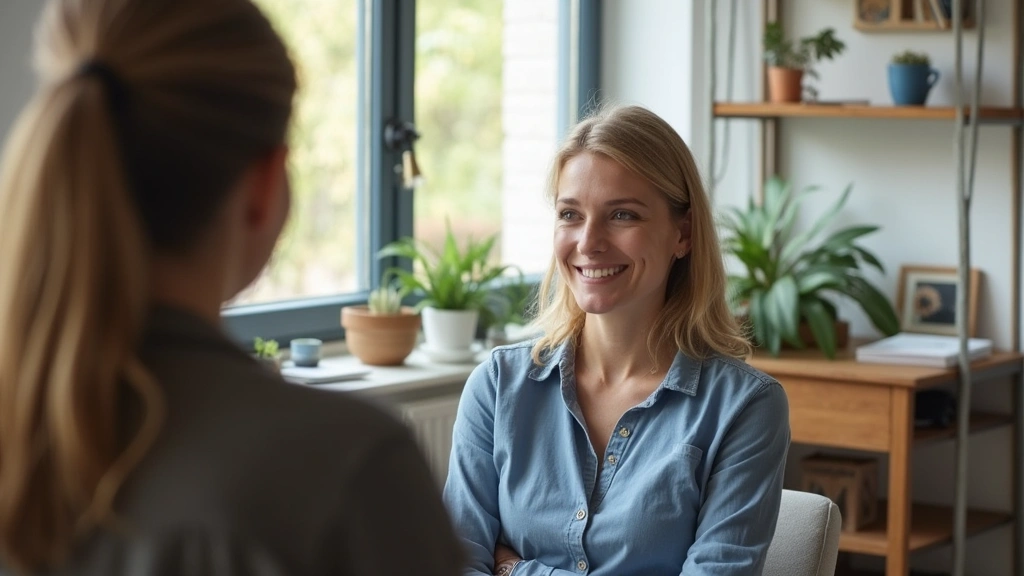 Patient in individual therapy session with licensed counselor in private office, comfortable therapeutic environment with nat