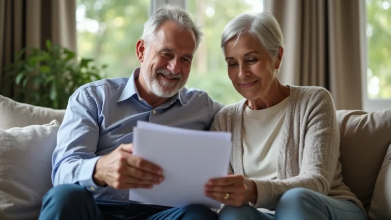 Senior couple reviewing health insurance documents at home with tablet and paperwork, professional healthcare setting, natural lighting
