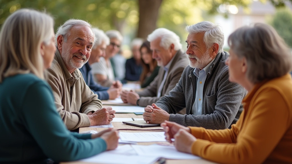 Diverse group of seniors at community health fair receiving information about Medicare Advantage plans and enrollment options