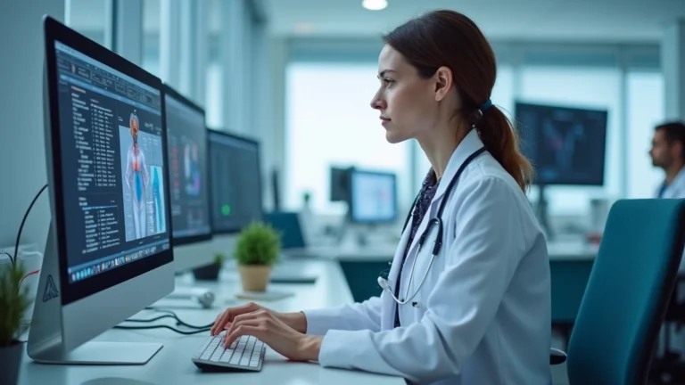Professional healthcare administrator woman working at computer in modern hospital office reviewing patient medical records on multiple screens, bright clinical setting with healthcare technology visible