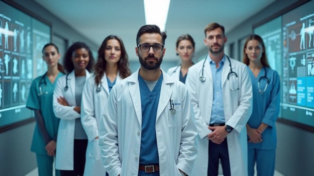 Diverse group of healthcare professionals in white coats and business attire standing in hospital corridor with digital healt