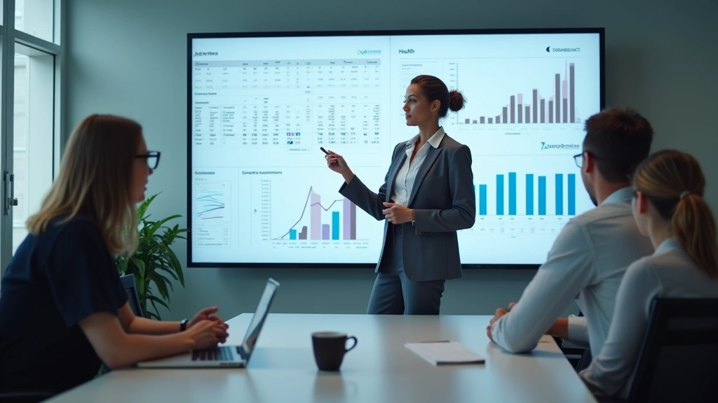 Female health information manager in professional business attire presenting data analytics on large monitor in healthcare fa