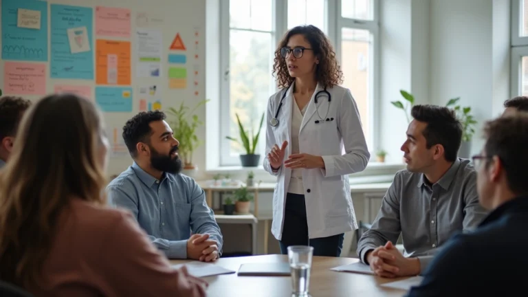 Professional health educator conducting a community health workshop with diverse participants in a modern public health clinic setting, people engaged in discussion
