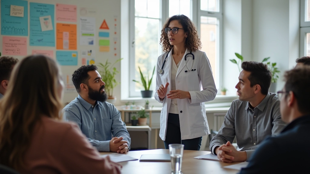 Professional health educator conducting a community health workshop with diverse participants in a modern public health clinic setting, people engaged in discussion