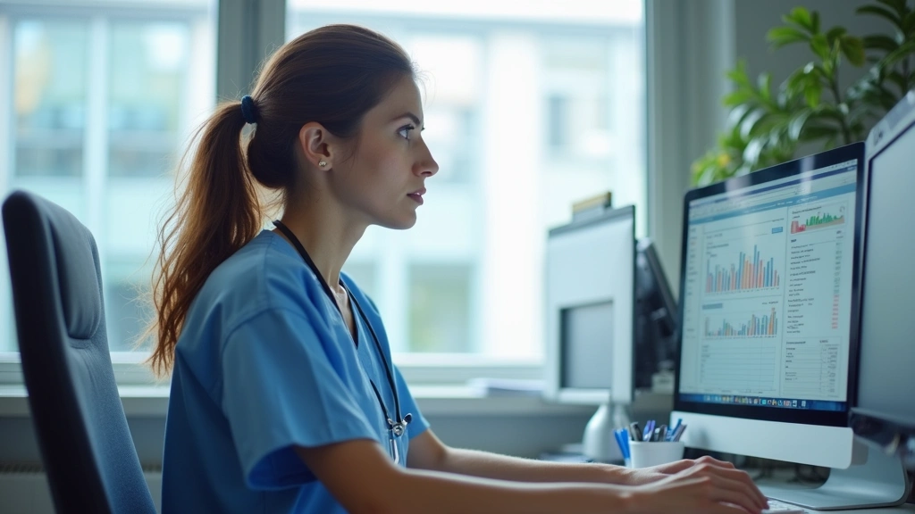 CHES professional reviewing health education program data and evaluation metrics on computer in a hospital health promotion o