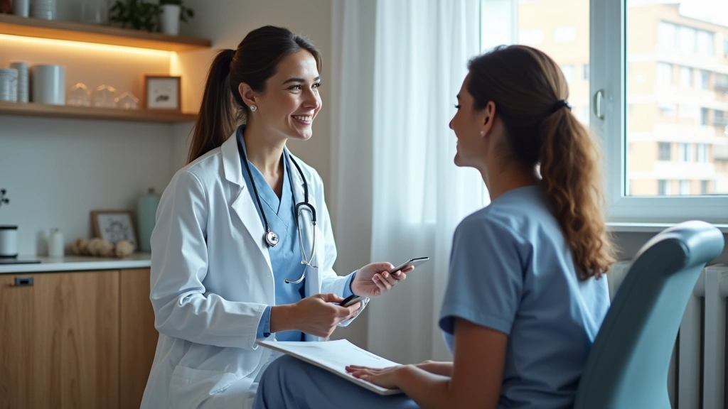Professional healthcare provider in white coat consulting with patient in modern clinic examination room, warm lighting, welcoming environment