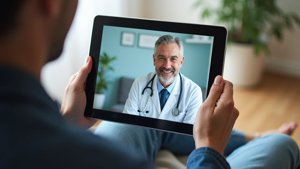 Patient using tablet for virtual telehealth appointment with doctor on screen, home setting, modern digital healthcare interf