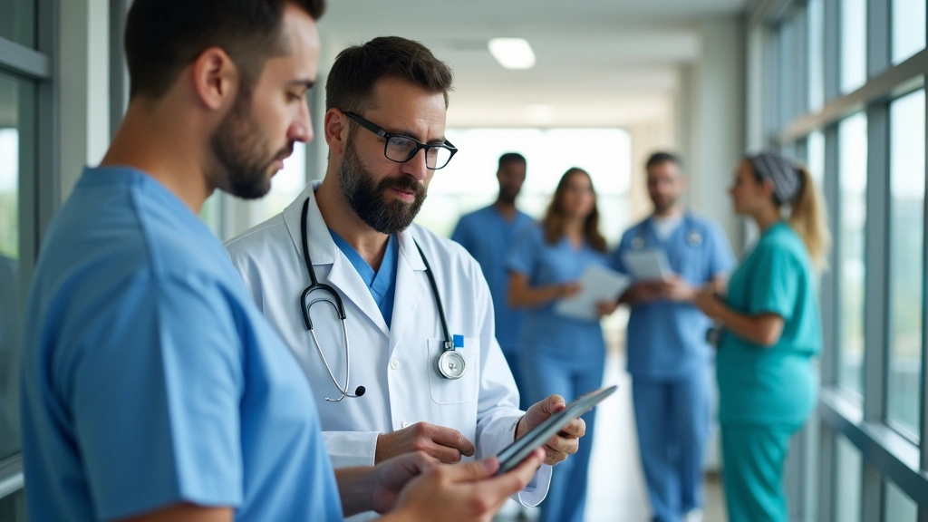 Diverse medical team collaborating in bright hospital corridor reviewing patient charts on digital tablet, integrated care co