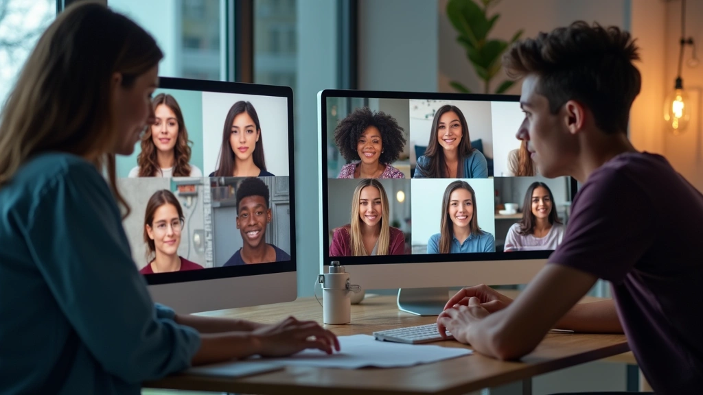 Diverse group of teenagers in a virtual video therapy session on computer screens, professional clinical setting, warm lighting, focused expressions