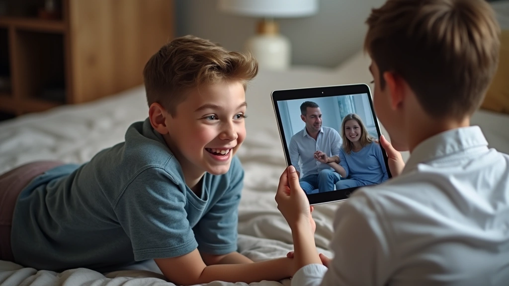 Teen boy in bedroom attending virtual group therapy session on tablet with licensed therapist visible on screen, supportive c