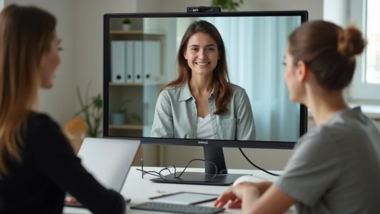 Young adult in professional therapy session with licensed therapist via secure video call, modern clinical setting, calm environment
