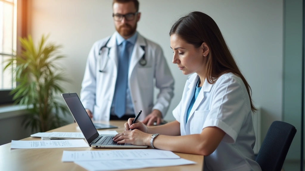 Licensed therapist reviewing treatment progress notes and patient records in digital health platform, professional medical of