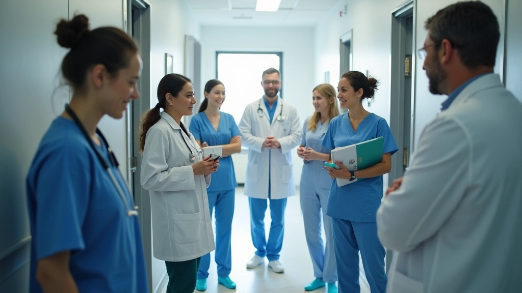 Diverse group of healthcare professionals including doctors, nurses, and staff collaborating in bright community health clini